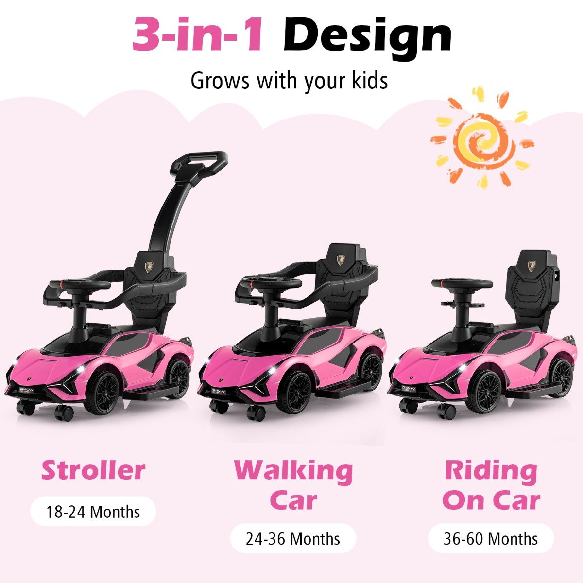 3-in-1 Ride On Push Car with Removable Guardrails and Handle-Pink