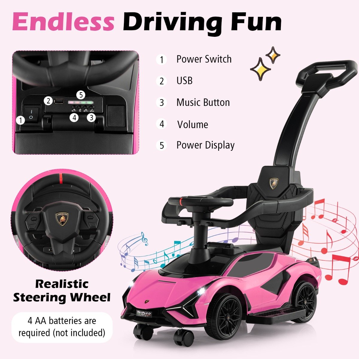 3-in-1 Ride On Push Car with Removable Guardrails and Handle-Pink