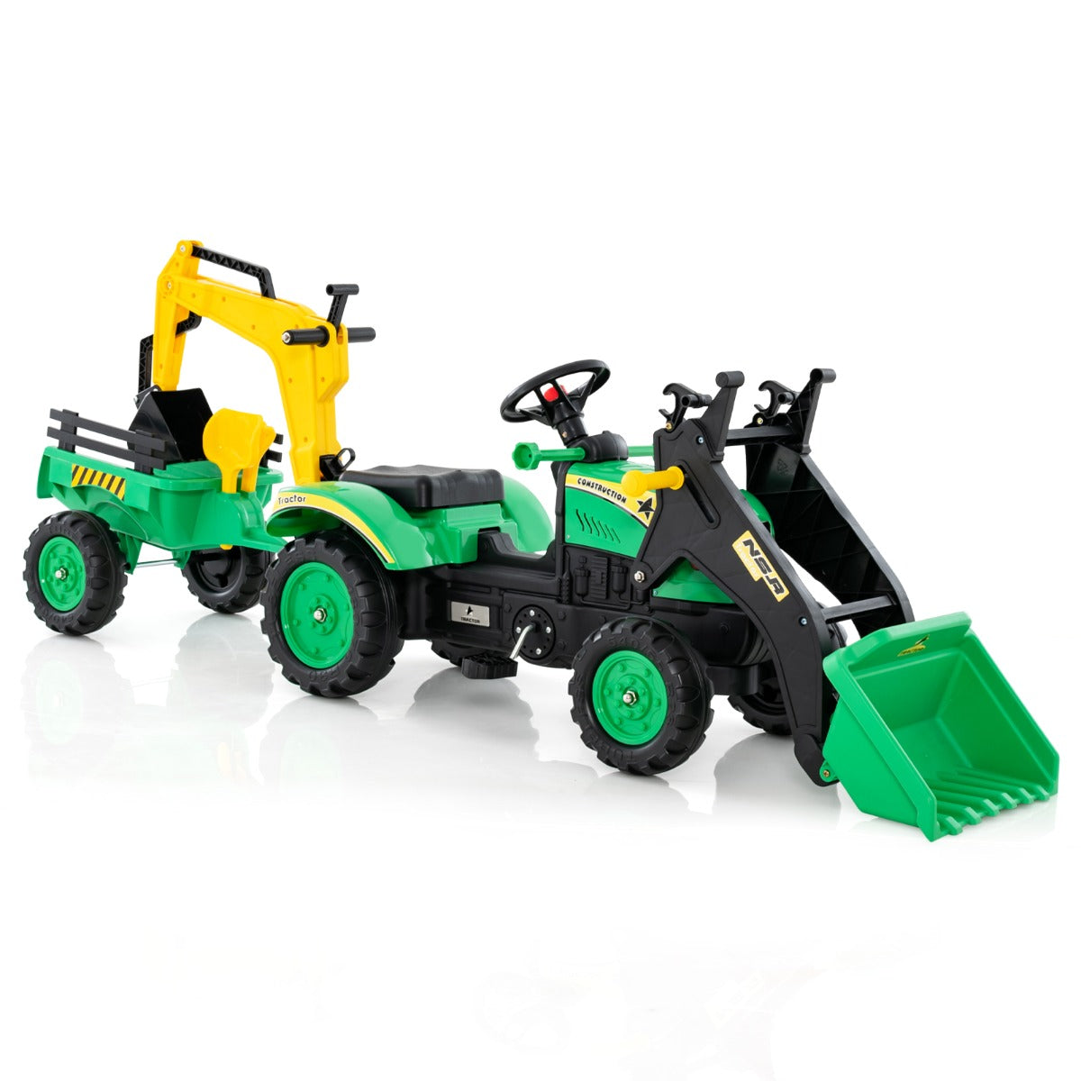 3-in-1 Kids Ride On Pedal Excavator with Detachable Trailer-Green