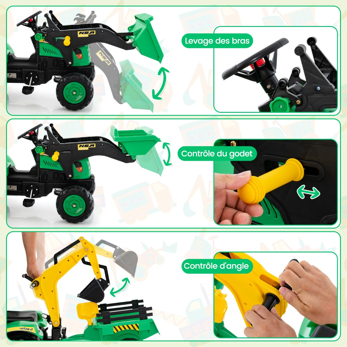 3-in-1 Kids Ride On Pedal Excavator with Detachable Trailer-Green