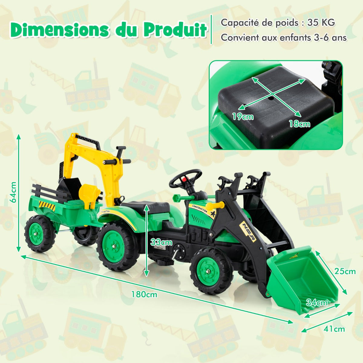 3-in-1 Kids Ride On Pedal Excavator with Detachable Trailer-Green