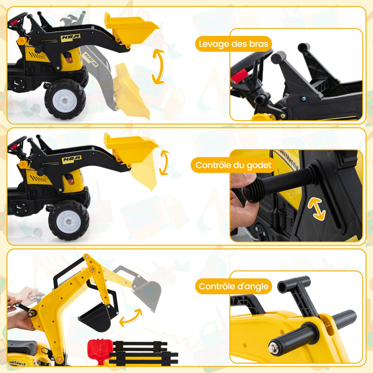 3-in-1 Kids Ride On Pedal Excavator with Detachable Trailer-Yellow