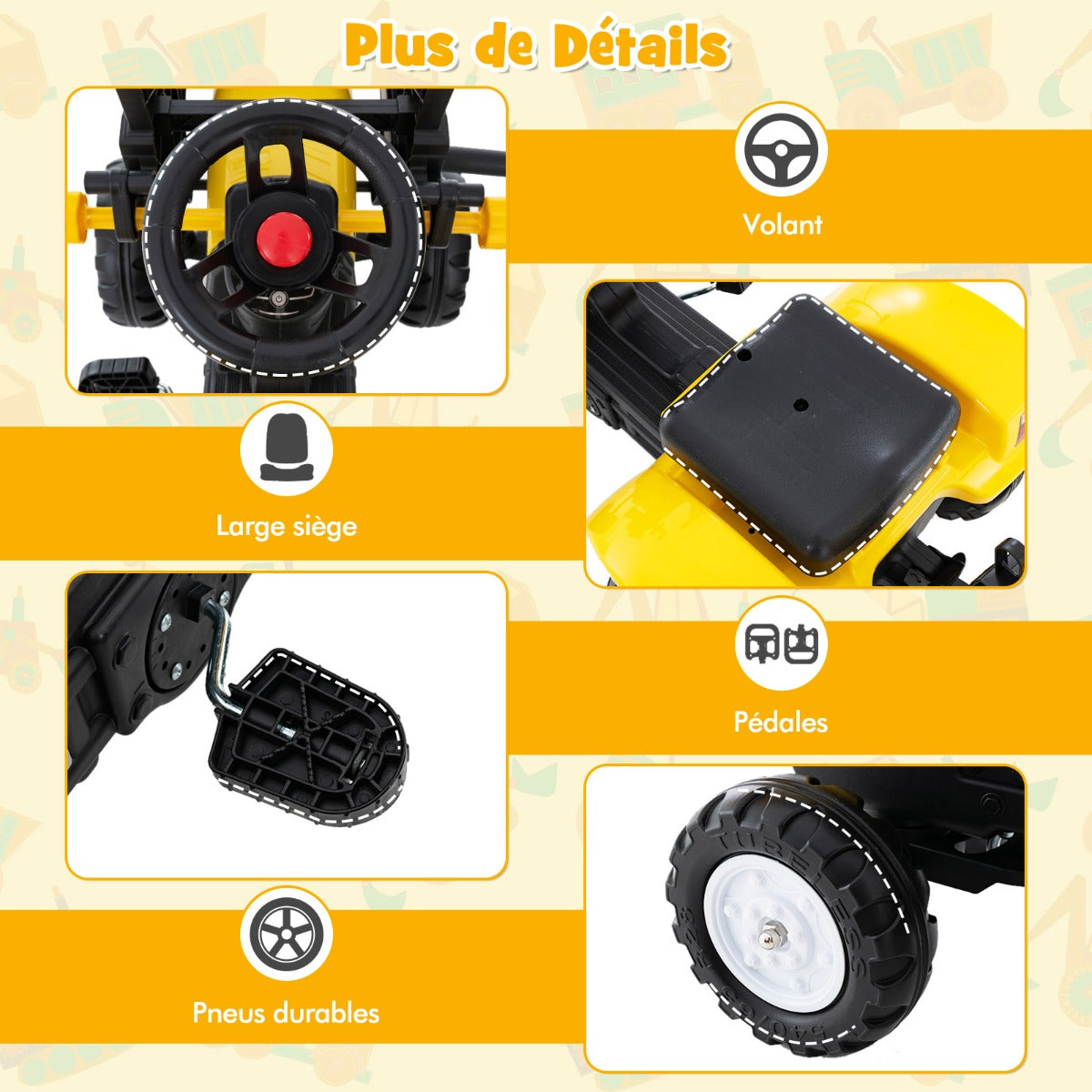 3-in-1 Kids Ride On Pedal Excavator with Detachable Trailer-Yellow