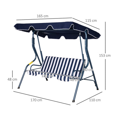 Outsunny 3 Seater Garden Swing Chair， Outdoor Garden Bench with Adjustable Sun Cover and Metal Frame - Blue Stripes