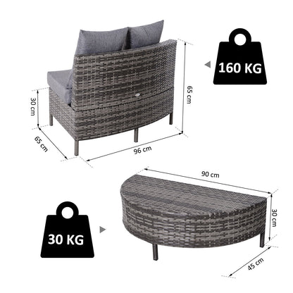 أثاث حديقة Outsunny Rattan 4 مقاعد نصف دائري للفناء في الهواء الطلق ومجموعة طاولة مقعد مبطن من نسيج الخيزران مع وسادة - رمادي