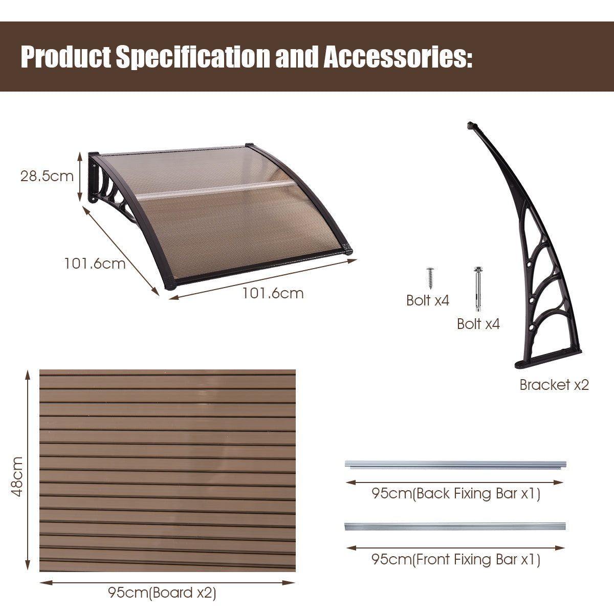 40 x 40 Inch Outdoor Polycarbonate Front Door Window Awning Canopy-Brown