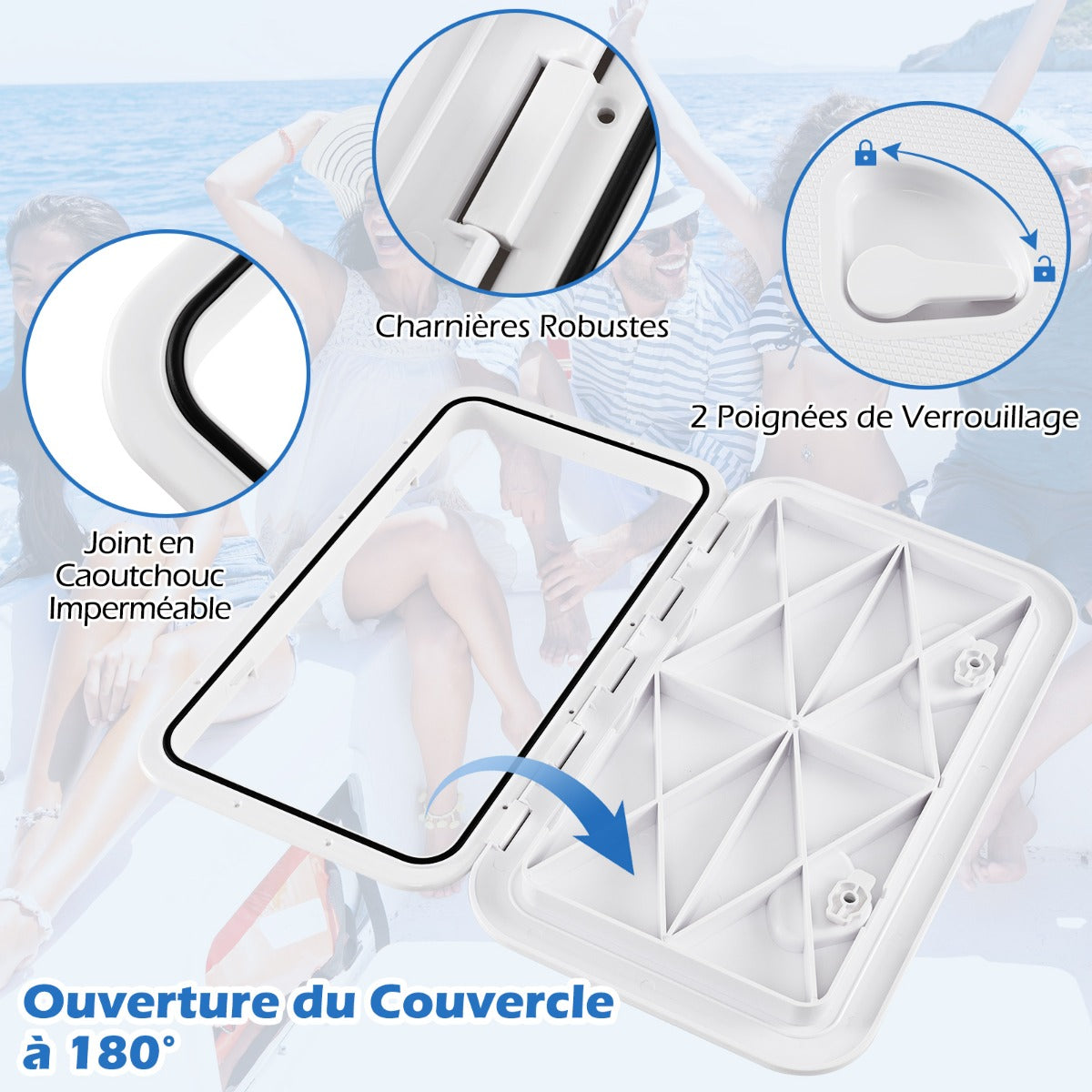 Boat Hatch 60.5 x 35.5 cm Marine Deck Access Hatch with 180° Lid Hinge Non-Slip Surface White