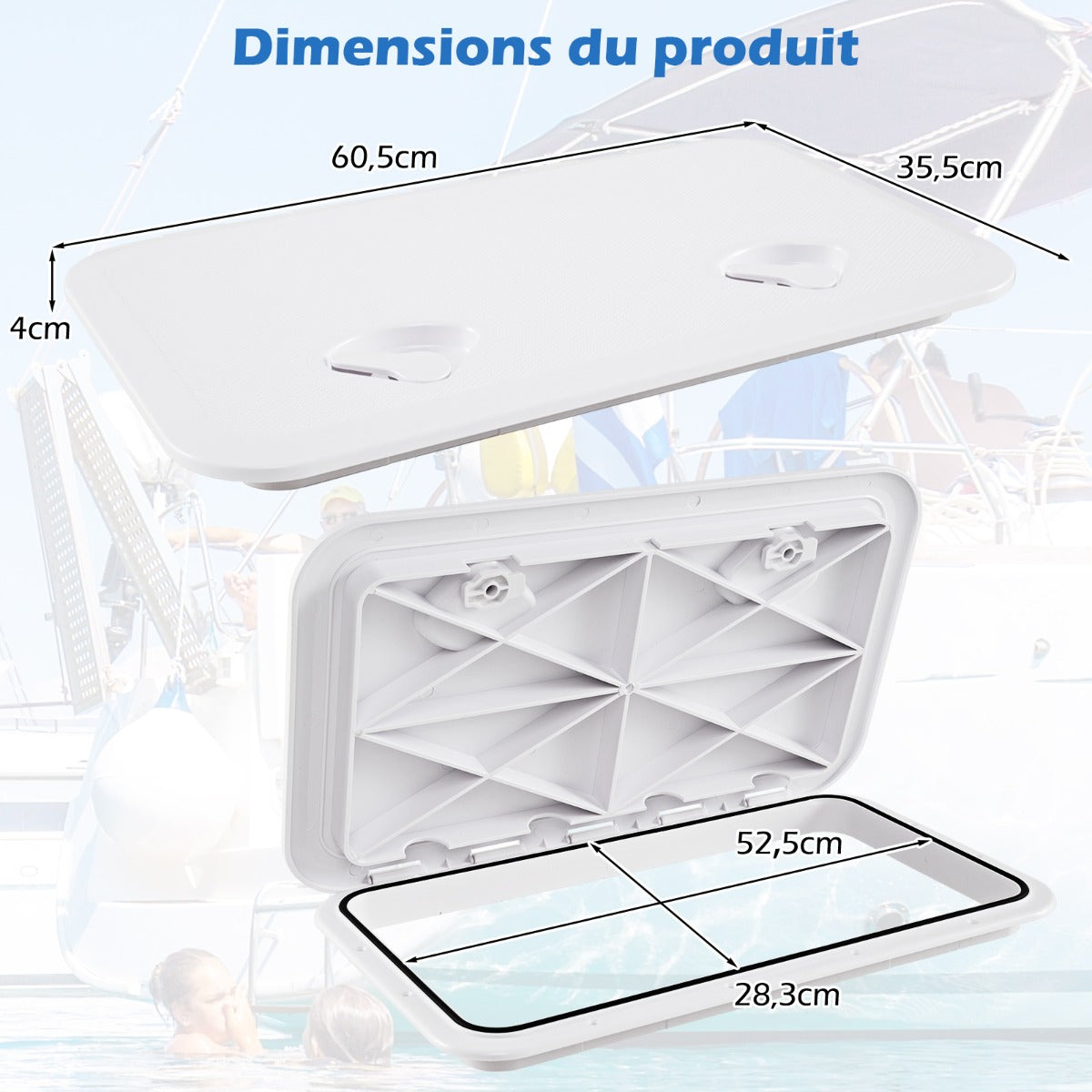 Boat Hatch 60.5 x 35.5 cm Marine Deck Access Hatch with 180° Lid Hinge Non-Slip Surface White