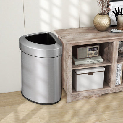 60L Stainless Corner Steel Trash Bin with Lid and Anti-slip Bottom-Silver