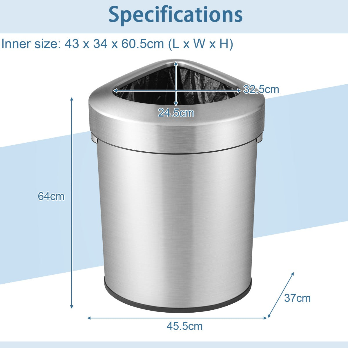 60L Stainless Corner Steel Trash Bin with Lid and Anti-slip Bottom-Silver