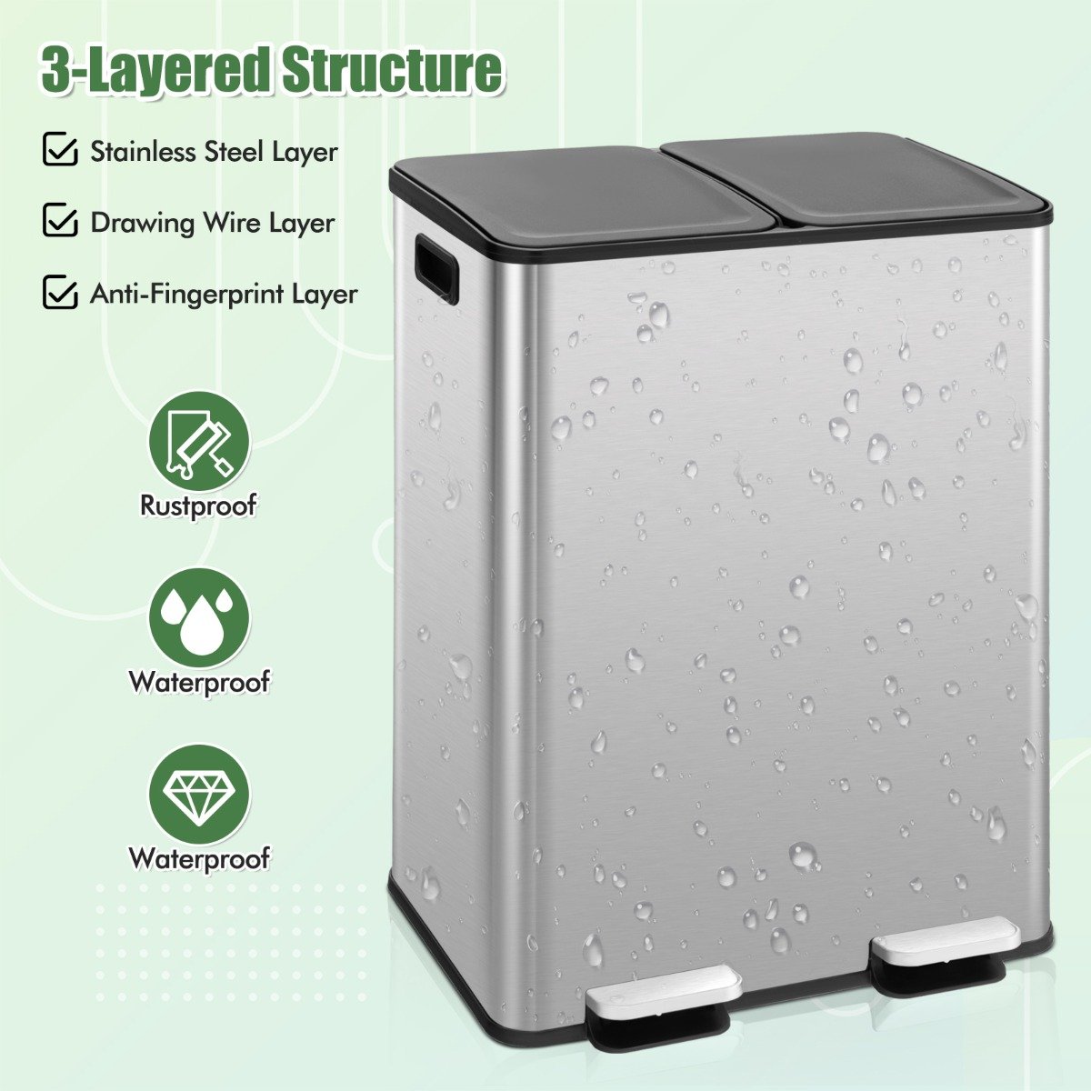 Trash Can with 2 Deodorizer Compartments and Soft Close Lids-Silver
