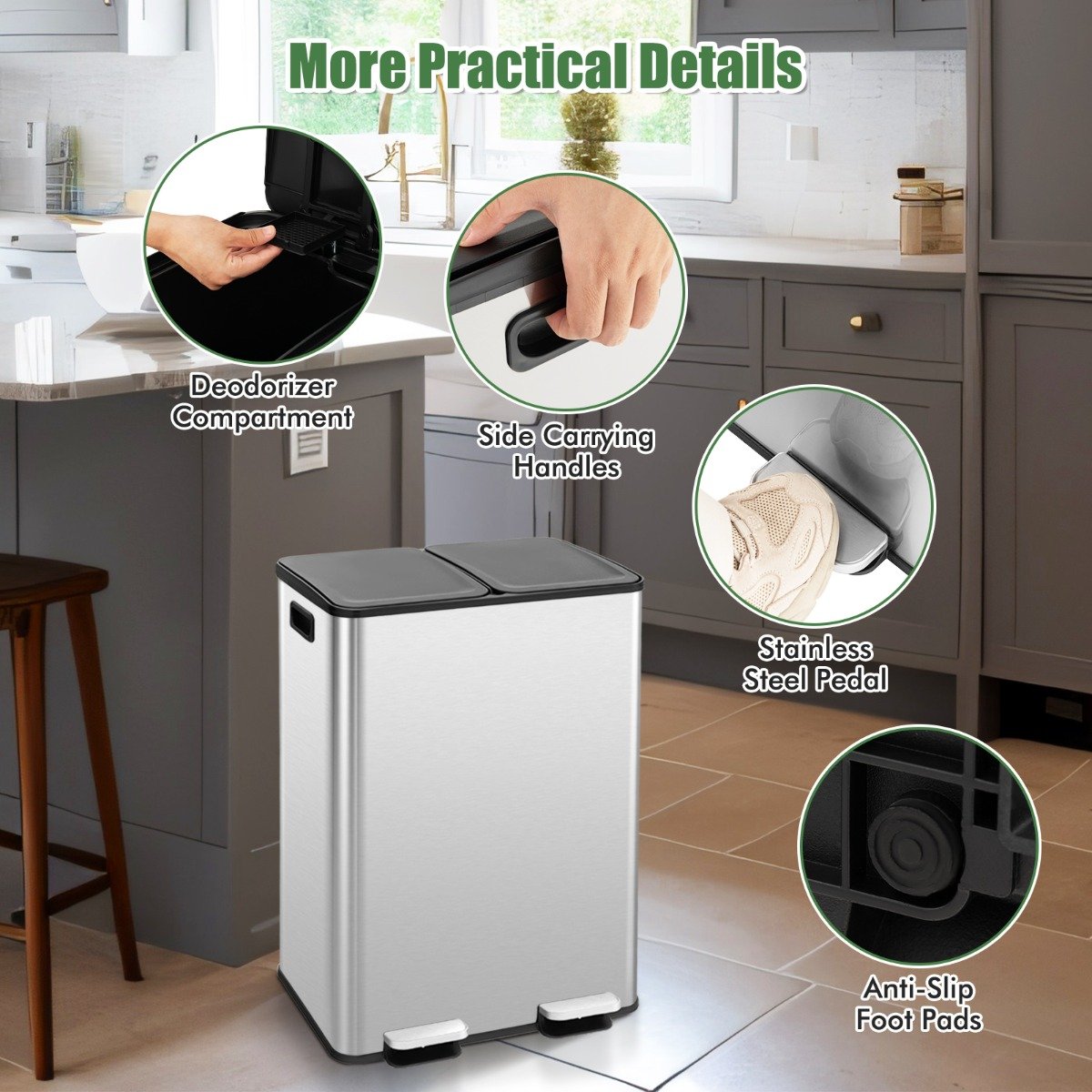 Trash Can with 2 Deodorizer Compartments and Soft Close Lids-Silver