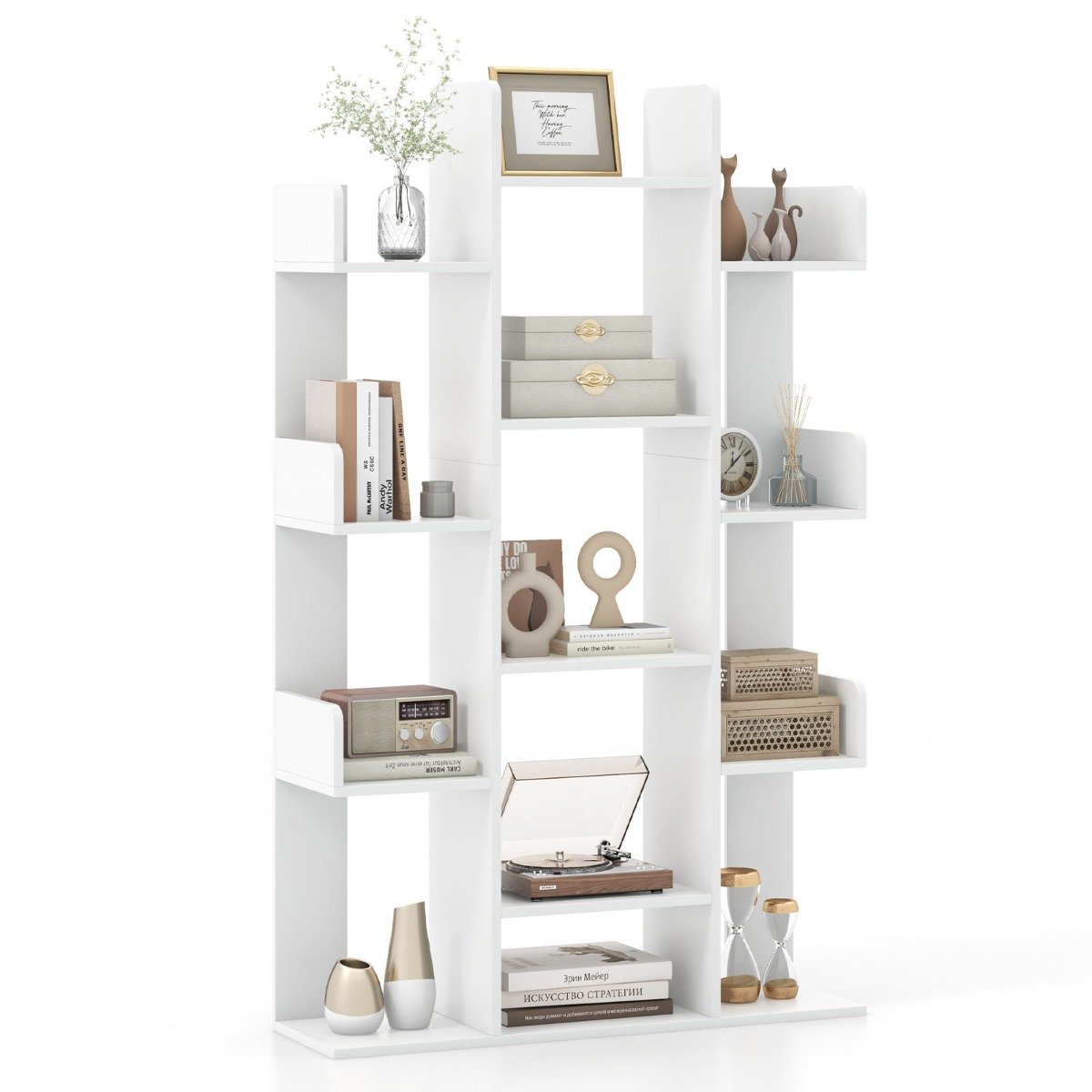 Tree Bookshelf Corner Books Storage Organizer with 13 Open Shelves-White