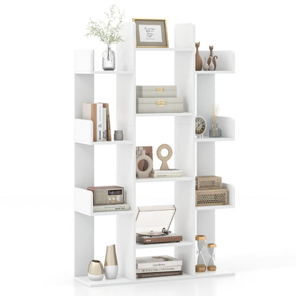 Tree Bookshelf Corner Books Storage Organizer with 13 Open Shelves-White