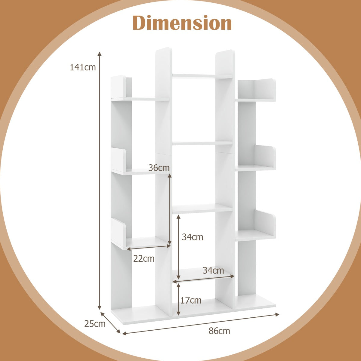 Tree Bookshelf Corner Books Storage Organizer with 13 Open Shelves-White