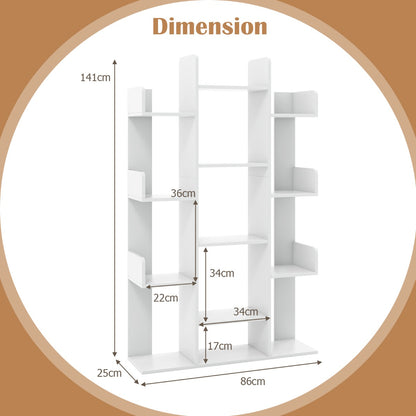 Tree Bookshelf Corner Books Storage Organizer with 13 Open Shelves-White
