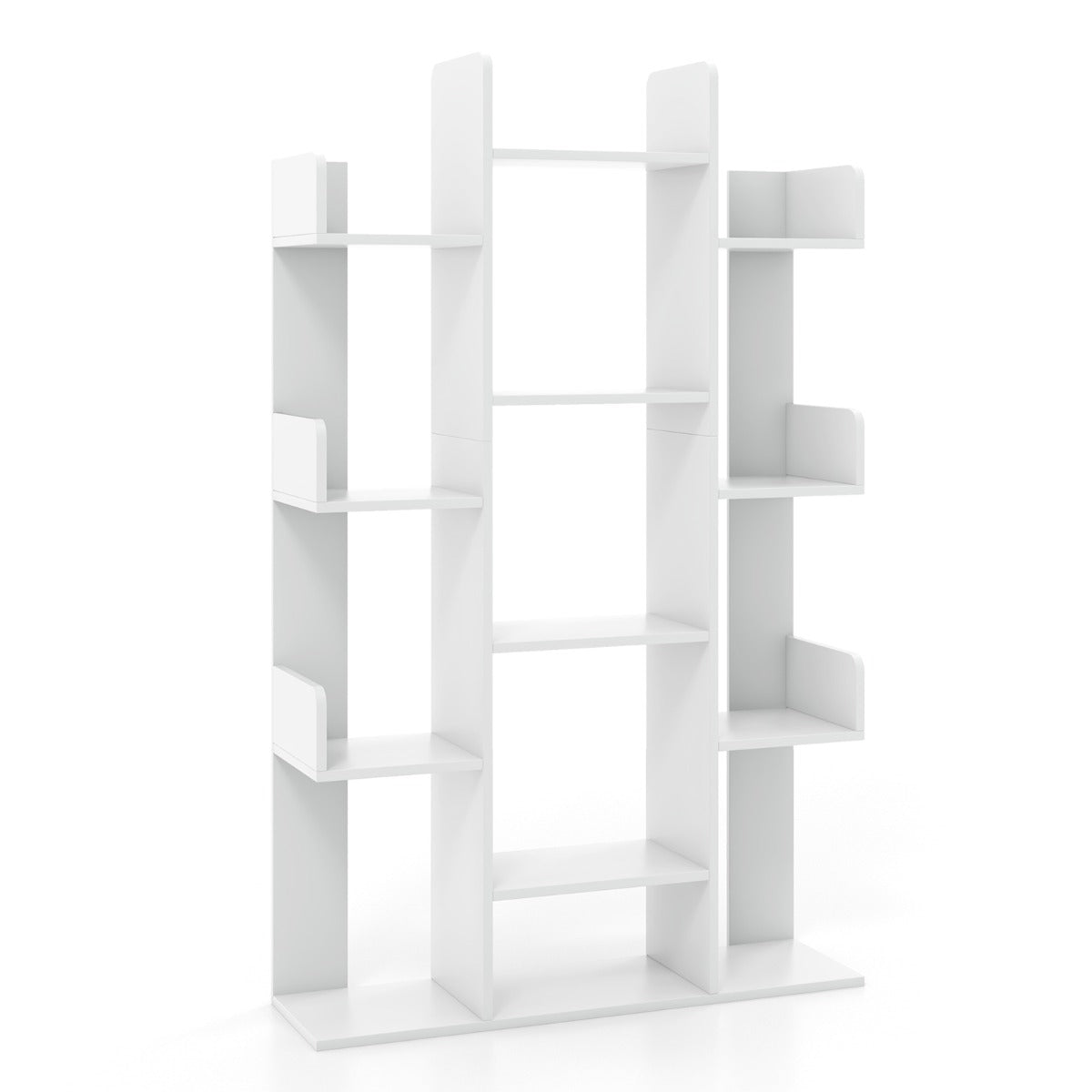 Tree Bookshelf Corner Books Storage Organizer with 13 Open Shelves-White