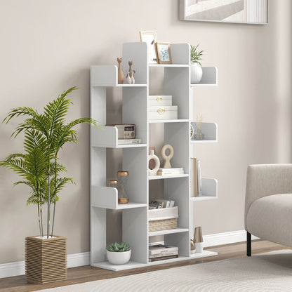 Tree Bookshelf Corner Books Storage Organizer with 13 Open Shelves-White