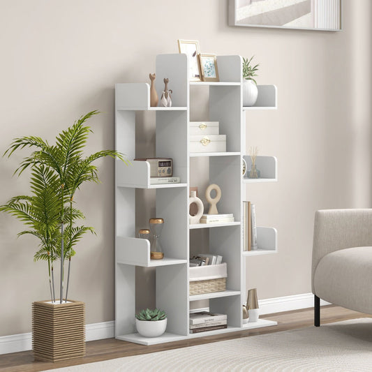 Tree Bookshelf Corner Books Storage Organizer with 13 Open Shelves-White