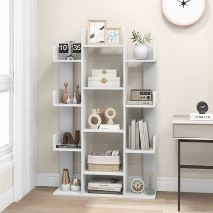 Tree Bookshelf Corner Books Storage Organizer with 13 Open Shelves-White