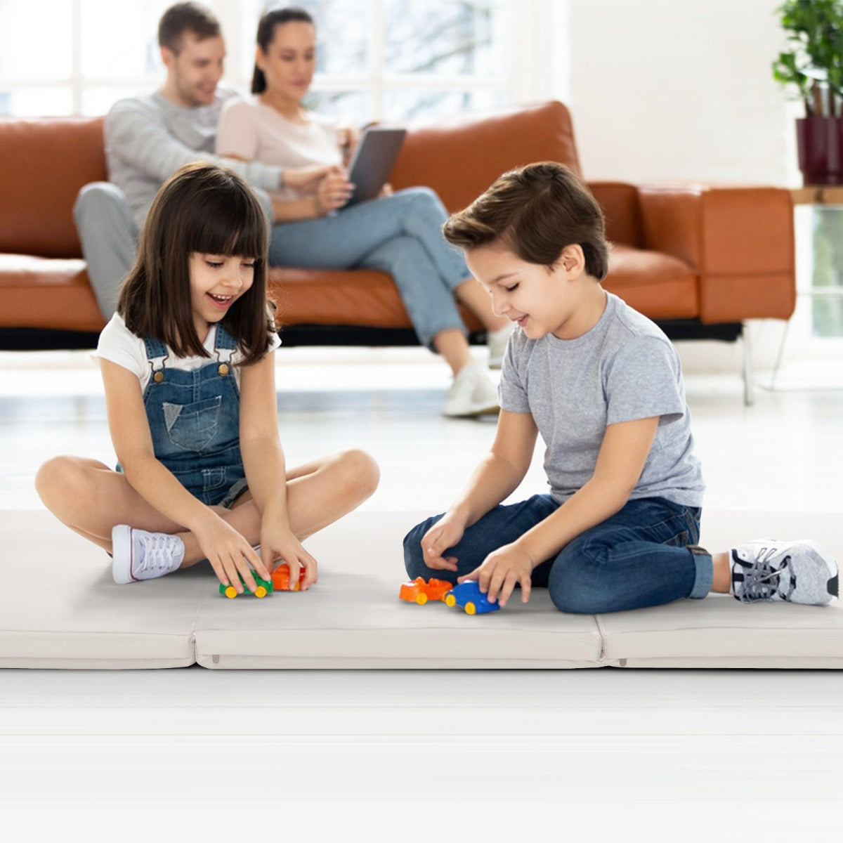 Tri-Fold Folding Exercise Mat with PU Leather Cover-Grey