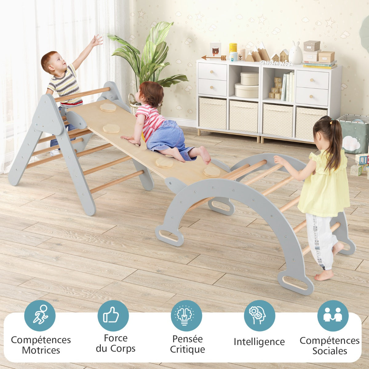 Set of 3 climbing toys for children 1+ years with triangle arch climb, Climbing set Grey