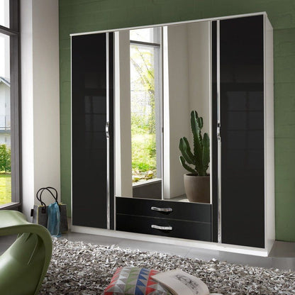 Tiya 4 Door 2 Drawer Mirrored Gloss Wardrobe - White & Black