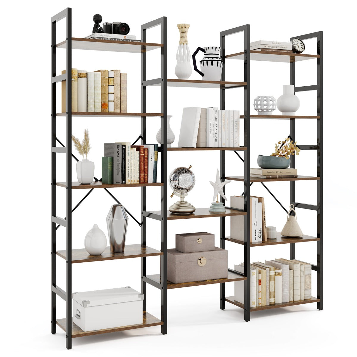 Triple Wide Heavy-duty Metal Frame Industrial Bookshelf with 14 Open Shelves-Brown