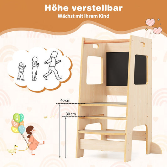 Toddler Kitchen Step Stool with Activity Chalkboard and Adjustable Height-Natural