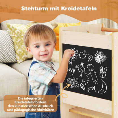 Toddler Kitchen Step Stool with Activity Chalkboard and Adjustable Height-Natural