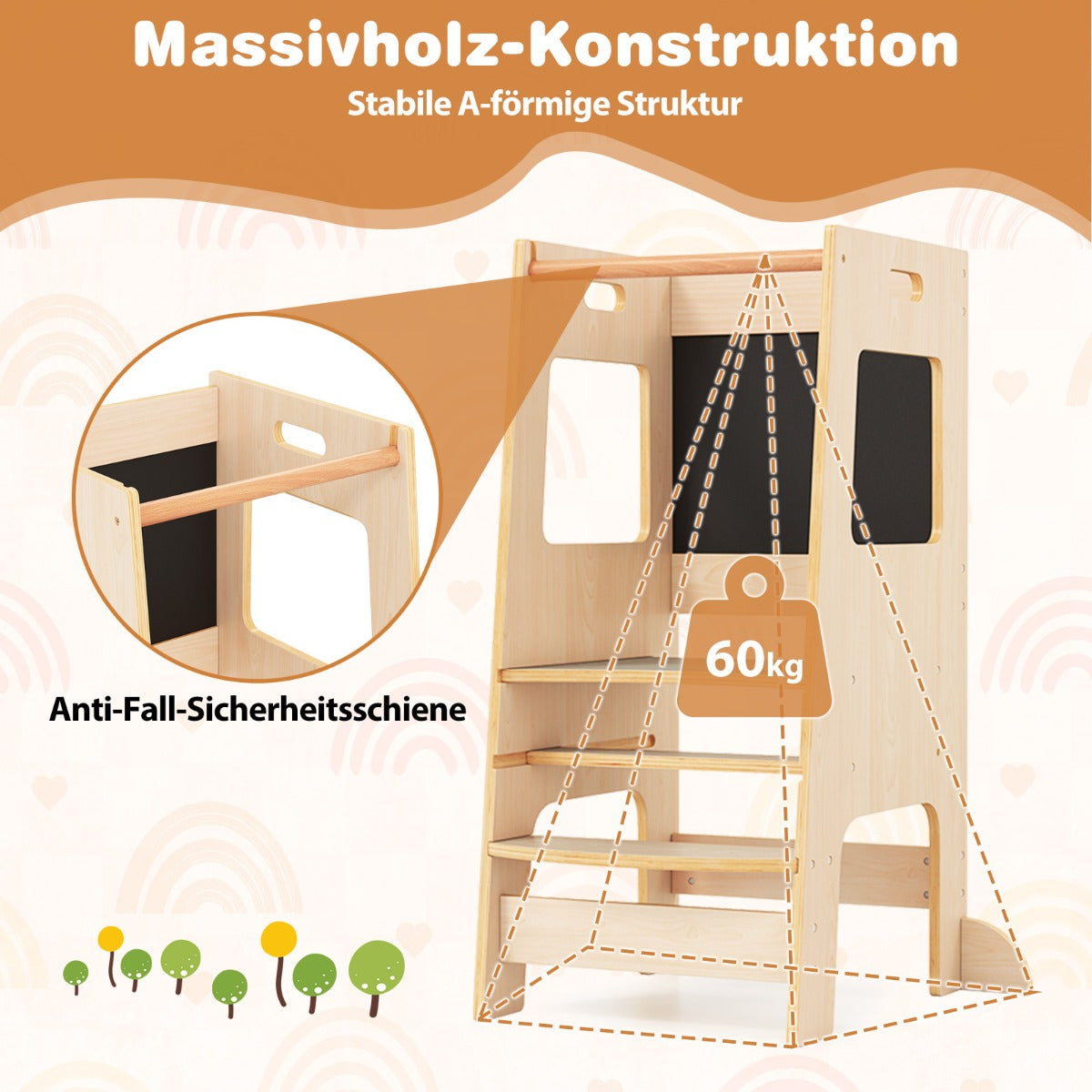 Toddler Kitchen Step Stool with Activity Chalkboard and Adjustable Height-Natural