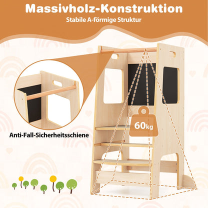 Toddler Kitchen Step Stool with Activity Chalkboard and Adjustable Height-Natural