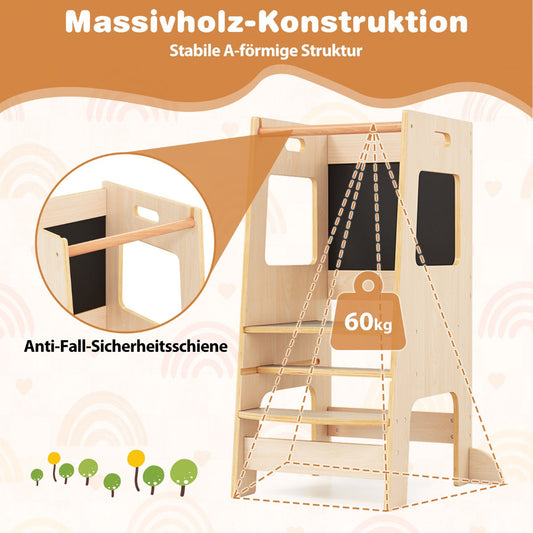 Toddler Kitchen Step Stool with Activity Chalkboard and Adjustable Height-Natural