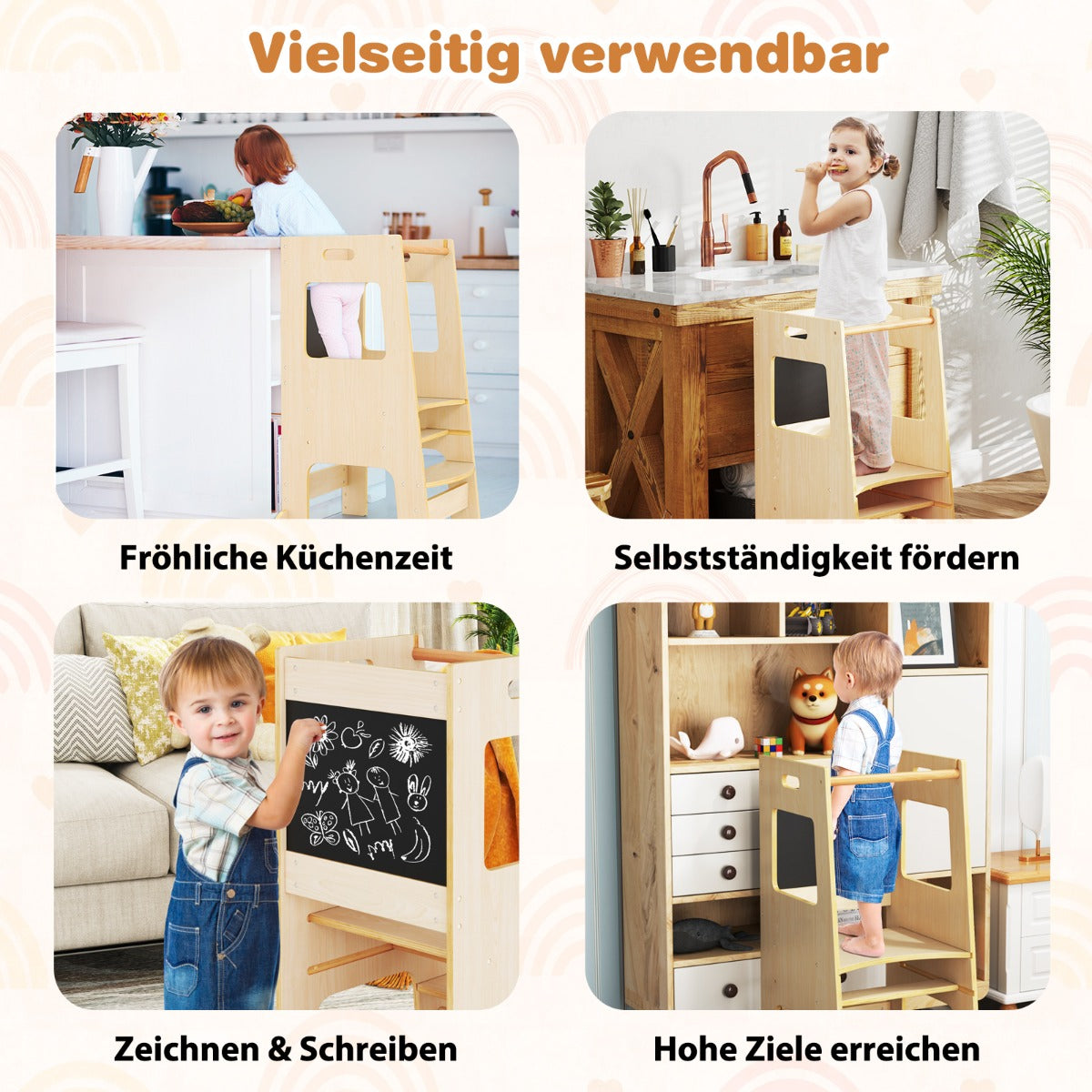 Toddler Kitchen Step Stool with Activity Chalkboard and Adjustable Height-Natural