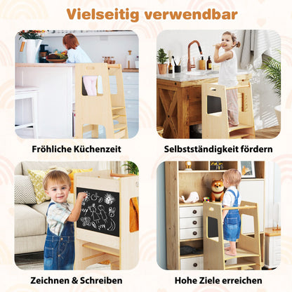 Toddler Kitchen Step Stool with Activity Chalkboard and Adjustable Height-Natural