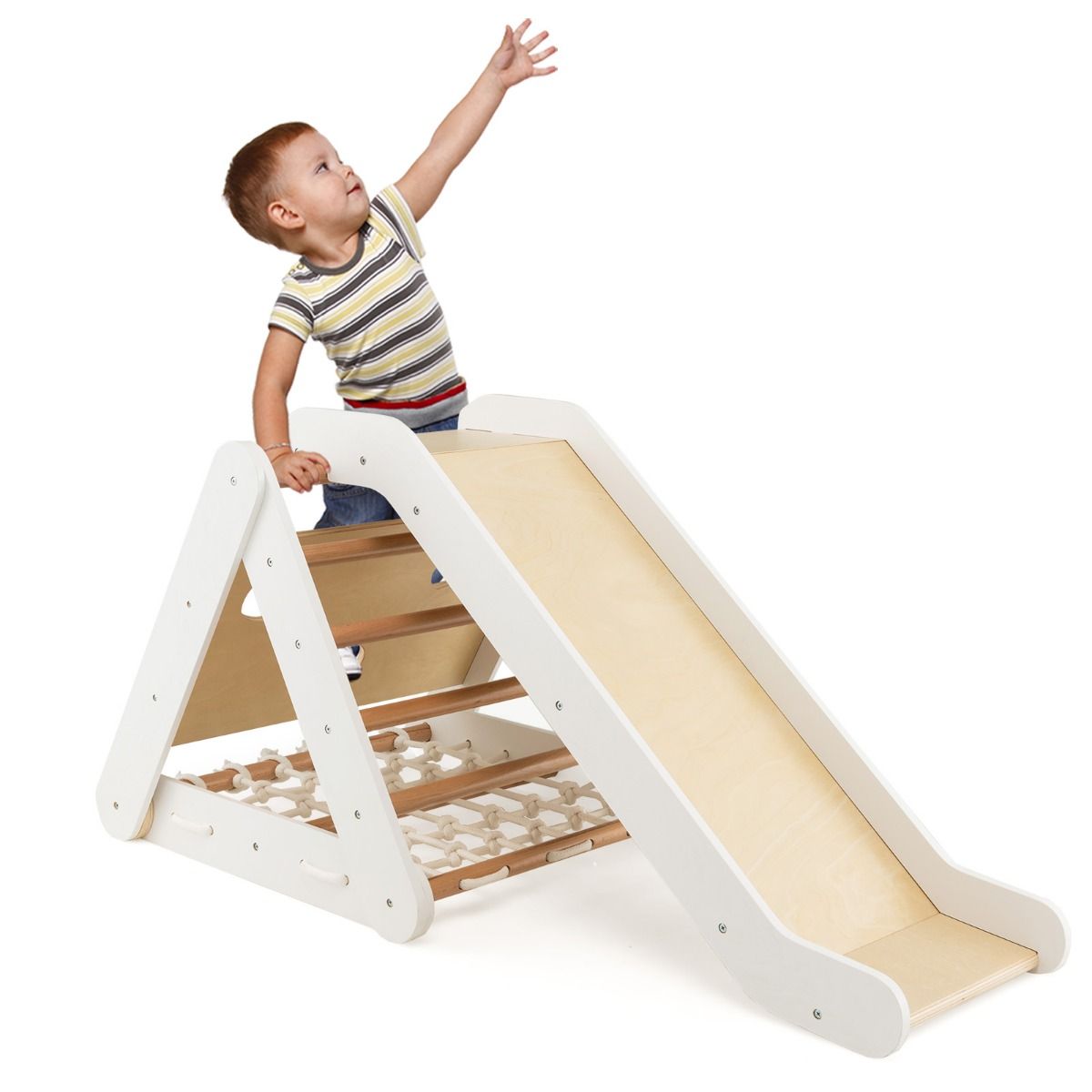 4-in-1 Wooden Triangle Climbing Set with Ramp Sliding Board-White