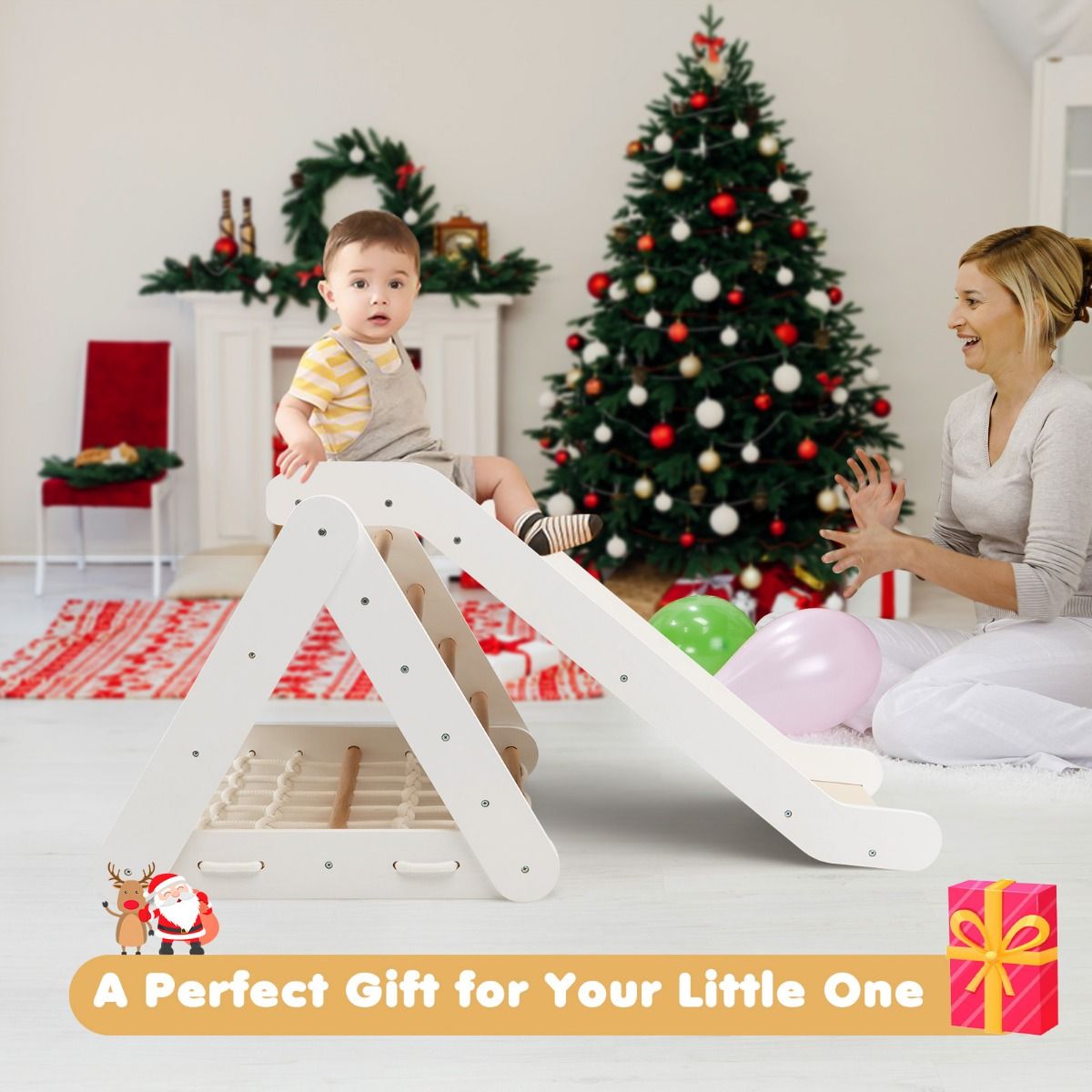 4-in-1 Wooden Triangle Climbing Set with Ramp Sliding Board-White