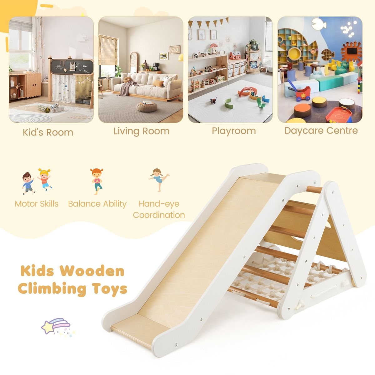 4-in-1 Wooden Triangle Climbing Set with Ramp Sliding Board-White