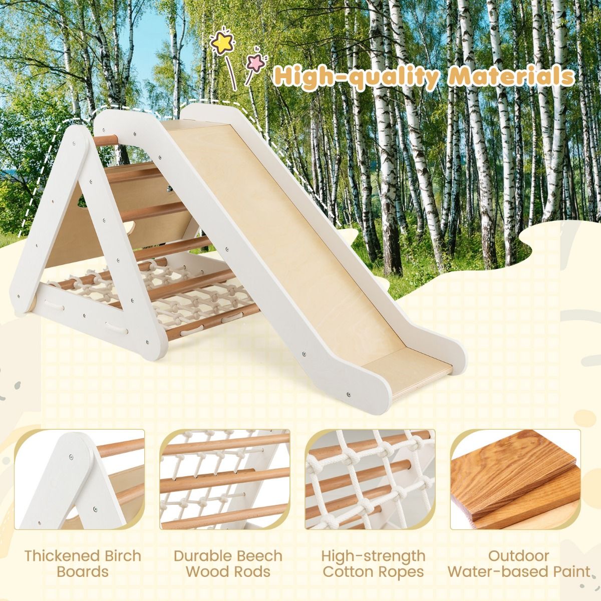 4-in-1 Wooden Triangle Climbing Set with Ramp Sliding Board-White