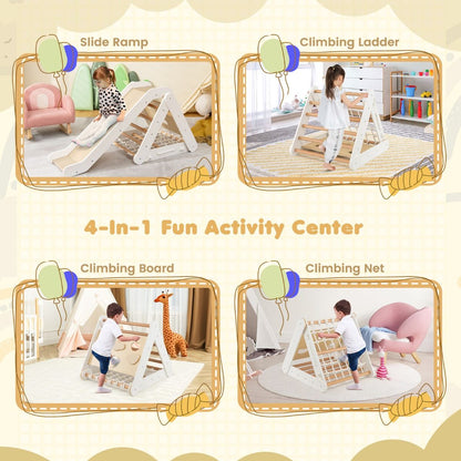 4-in-1 Wooden Triangle Climbing Set with Ramp Sliding Board-White