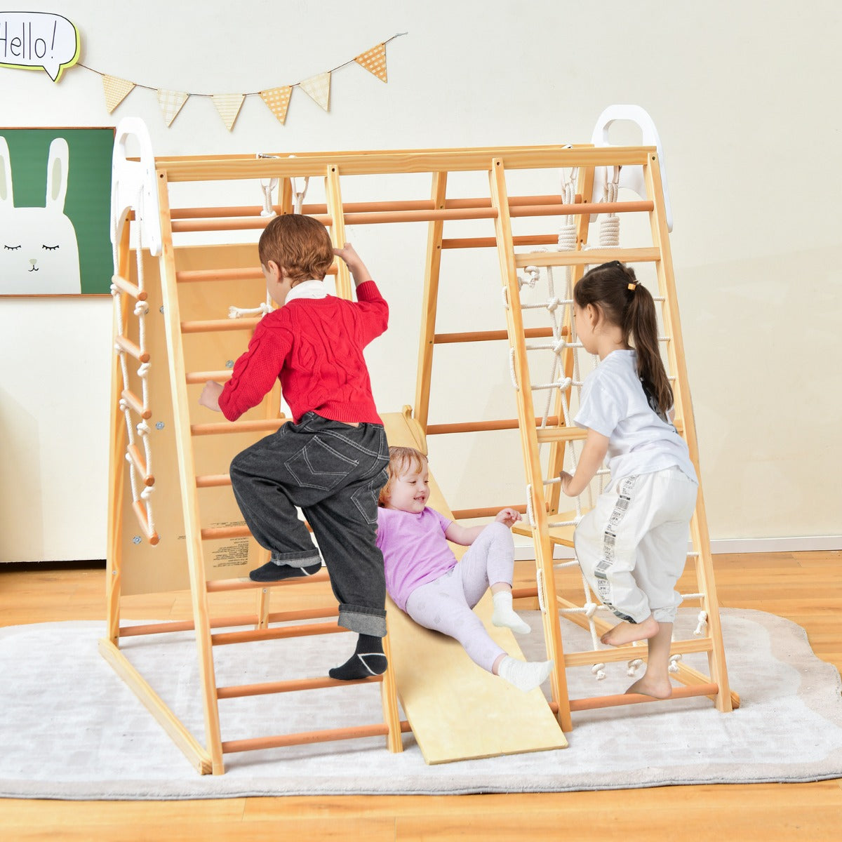 8-in-1 Jungle Gym Playset Wooden Climber Play Set with Monkey Bars-Natural