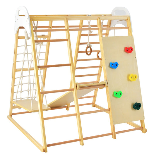 8-in-1 Wooden Jungle Gym Playset with Monkey Bars &amp; Climbing Ladder-Natural