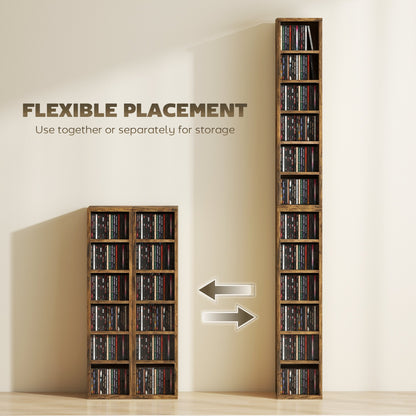 HOMCOM Set of 2 CD Media Display Shelf Unit Tower Rack with Adjustable Shelves, Rustic Brown