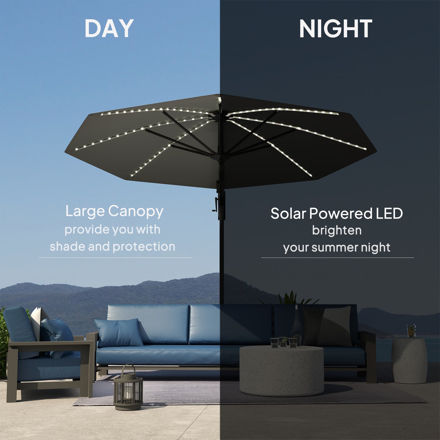 Outsunny 3(m) Cantilever Garden Parasol with Solar Powered Lights, Crank Handle & Cross Base, UPF 50+, 360√Ç¬∞ Rotation, Dark Grey