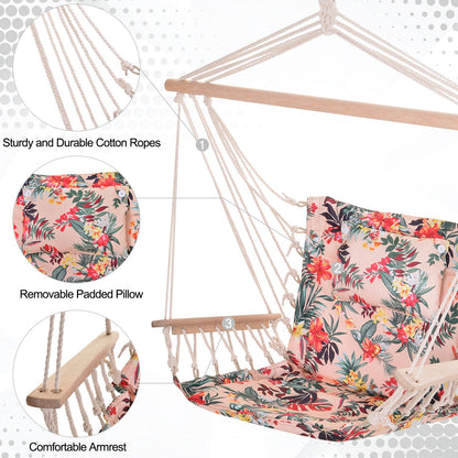 Outsunny Garden Zewnętrzny wiszący fotel hamakowy Gruba lina Rama Drewniane podłokietniki Bezpieczne szerokie siedzisko Ogród Zewnętrzny Stylowy Wielokolorowy kwiatowy