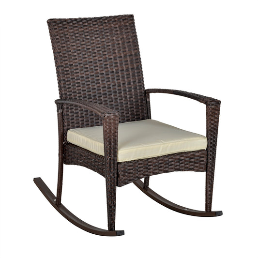 Outsunny Rattan Rocking Chair Rocker Garden Furniture Seater Patio Bistro Relaxer Outdoor Wicker Weave with Cushion - Brown