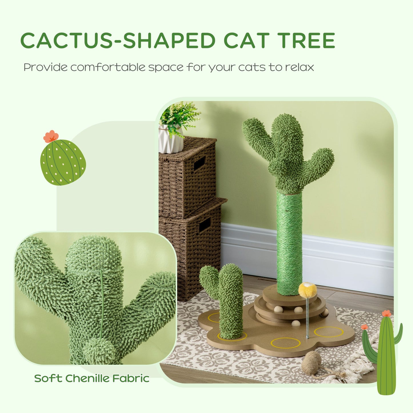 PawHut 60cm Chenille Cat Tree, with Interactive Toy Balls, Sisal Scratching Posts - Green