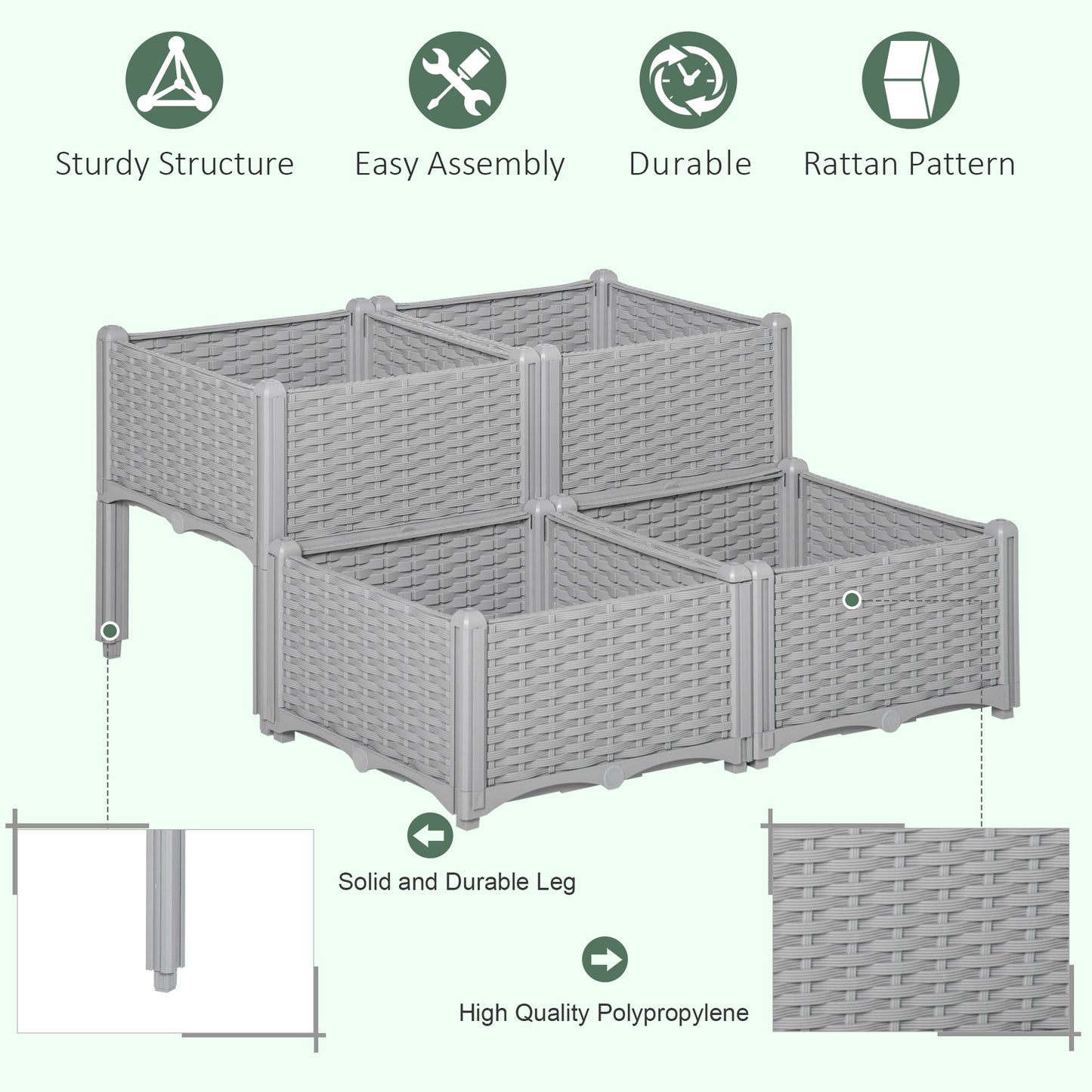 Outsunny Set of 4 26L Garden Raised Bed Elevated Patio Flower Plant Planter Box PP Vegetables Planting Container, Grey