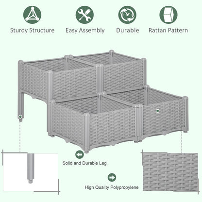 Outsunny Set of 4 26L Garden Raised Bed Elevated Patio Flower Plant Planter Box PP Vegetables Planting Container, Grey