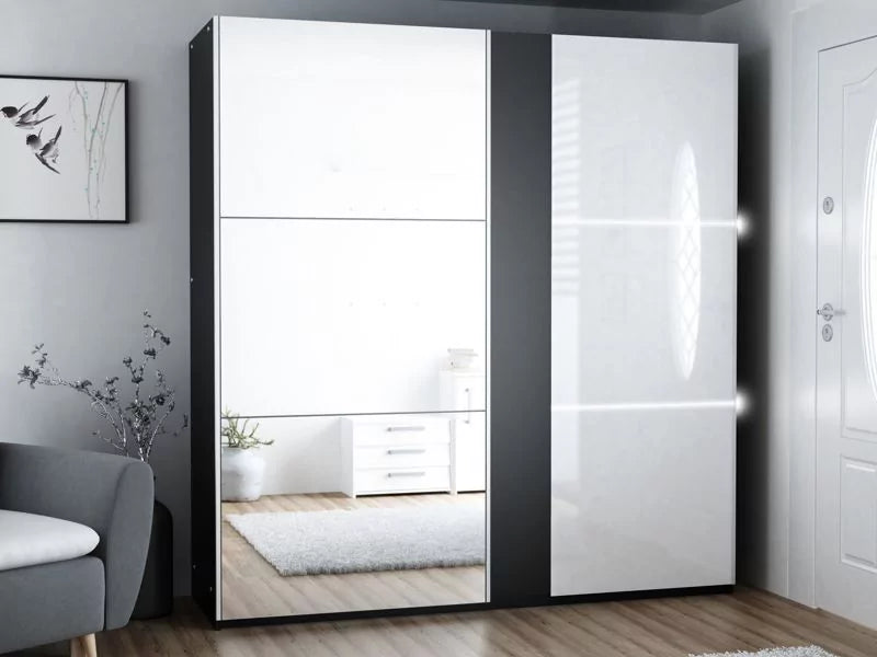 Tunis Lighting Mirror Luxury Sliding Wardrobe - Black, Grey